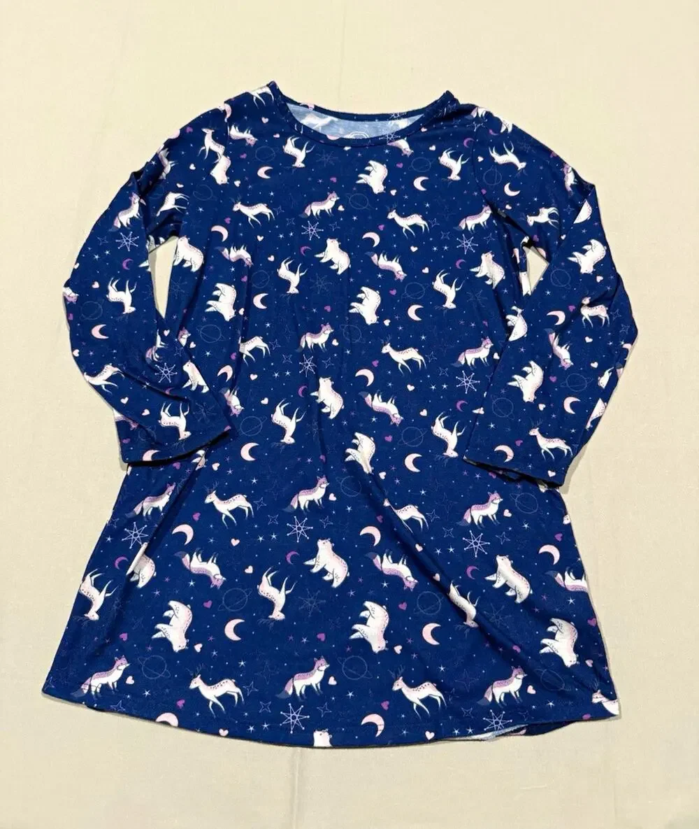 Wonder Nation Girls S (6-6X) Blue Animal Print A-Line Knee Dress Long Sleeve